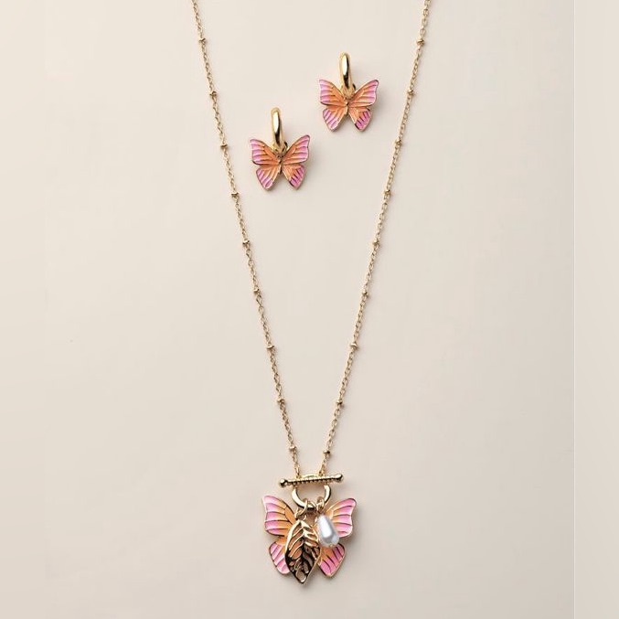 Pink Butterfly Necklace Set Goldtone